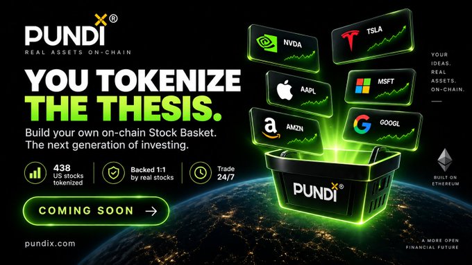 A Pundi X promotional banner reading 'YOU TOKENIZE THE THESIS. Build your own on-chain Stock Basket. The next generation of investing,' highlighting 438 US stocks tokenized, 1:1 backing by real stocks, and 24/7 trading, with tickers NVDA, TSLA, AAPL, MSFT, AMZN, and GOOGL displayed.