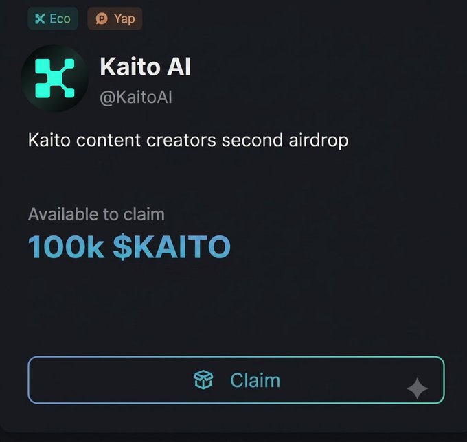 This screenshot shows a Kaito AI airdrop, offering 100k $KAITO tokens to content creators. The post asks followers how much they received from the airdrop, directly referencing the image.