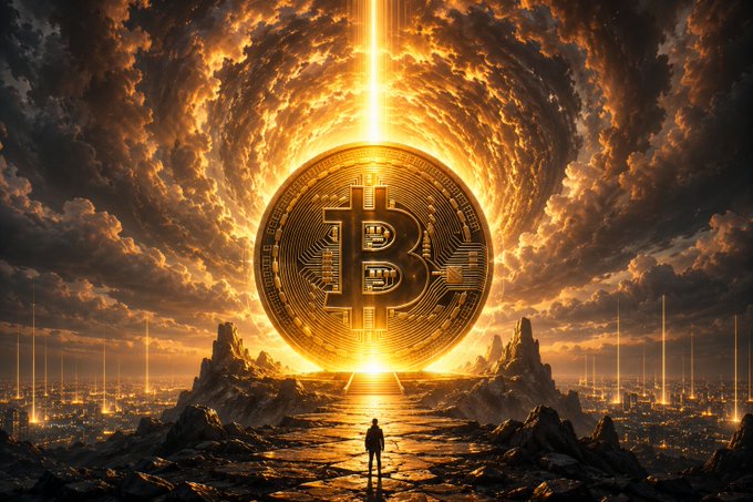 A dramatic digital artwork depicting a giant golden Bitcoin coin radiating light into stormy clouds, with a lone silhouetted figure standing below on cracked ground.