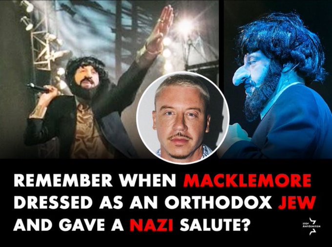 A controversial thumbnail/graphic with the text 'REMEMBER WHEN MACKLEMORE DRESSED AS AN ORTHODOX JEW AND GAVE A NAZI SALUTE?' showing the artist in a costume with a wig and beard alongside his actual face.