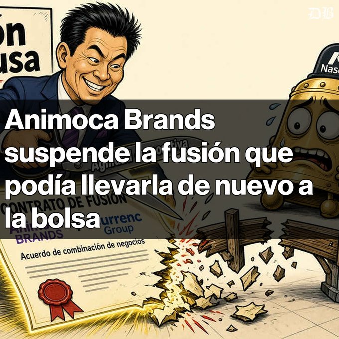 A cartoon of a smiling man cutting a contract labeled 'CONTRATO DE FUSION' with 'Animoca Brands' and 'Currentence Group' visible, next to a worried treasure chest; Spanish text reads: 'Animoca Brands suspende la fusión que podía llevarla de nuevo a la bolsa'.