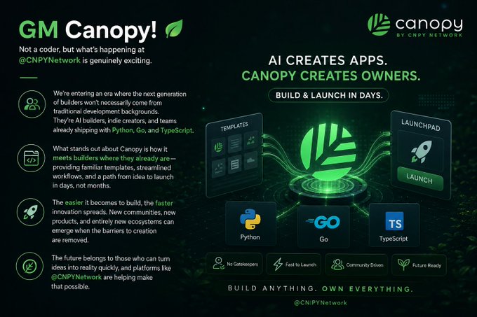 The image features a poster for GM Canopy that highlights the company's focus on AI-based applications. The poster includes a green circle with a leaf design at its center, surrounded by various icons representing different aspects of AI development. These include a rocket, a building, and a tree, symbolizing the innovative nature of AI projects. The text in the image emphasizes the importance of AI builders entering this new era, as opposed to traditional developers.