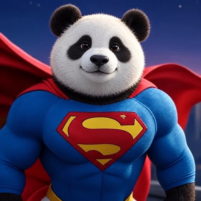 A 3D-rendered cartoon panda wearing a blue Superman costume with a red cape and the iconic 'S' logo on its chest.