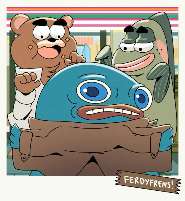 A cartoon illustration showing a brown beaver-like character and a green fish standing behind a blue fish who is wearing oversized brown pants, labeled 'FERDYFRENS!' on a tape graphic.