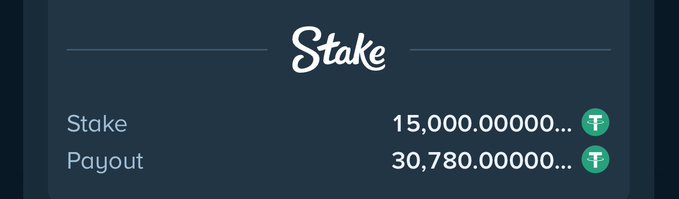 A Stake betting slip displays a stake of 15,000.00000 T and a potential payout of 30,780.00000 T, illustrating the kind of "Double Up" wager outcome promoted through the accompanying Stake affiliate and referral message.