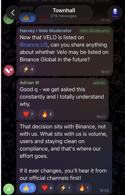 A Telegram Townhall chat for $VELO showing a Velo Moderator asking whether a Binance Global listing will follow the recent Binance.US listing, with admin Adrian W explaining that listing decisions are made by Binance based on volume, users, and compliance.
