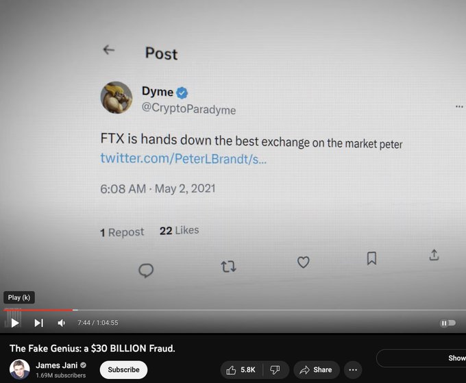 The image shows a screenshot from a YouTube video titled "The Fake Genius: a $30 BILLION Fraud," featuring a tweet by @CryptoParadyme claiming "FTX is hands down the best exchange on the market peter." This relates to the post by highlighting how FTX supporters (shillers) who once aggressively promoted the now-disgraced exchange are experiencing the same embarrassment as cold card shillers when their favored projects fail.