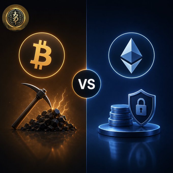A digital illustration comparing Bitcoin and Ethereum, featuring the Bitcoin logo with a pickaxe on the left and the Ethereum logo with stacked coins and a security shield on the right, separated by a 'VS' circle.