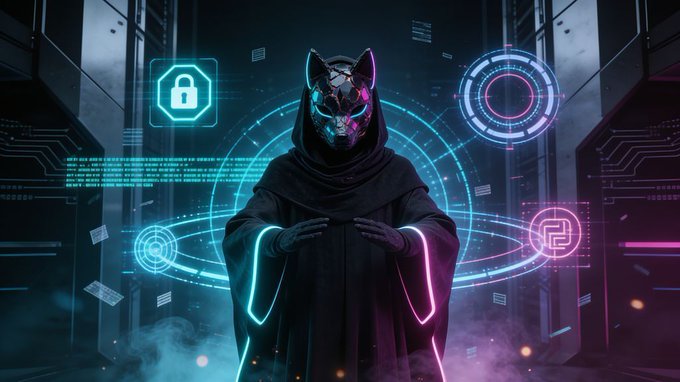 A futuristic digital illustration of a hooded figure wearing a glowing fox mask, surrounded by neon cybernetic interfaces including a padlock icon and data streams.