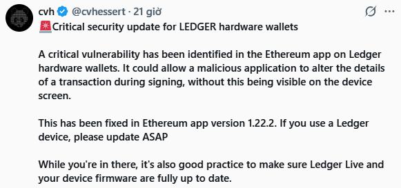 A tweet from cvh (@cvh_seri) warning about a critical security update for LEDGER hardware wallets, advising users to update the Ethereum app to version 1.22.2 due to a vulnerability that could alter transaction details.