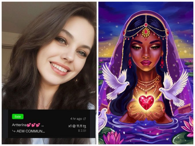 A split image showing a smiling woman with a donation alert on the left ('Artterina' donating to AEW COMMUN...) and a colorful illustration of a goddess with a heart and doves on the right.