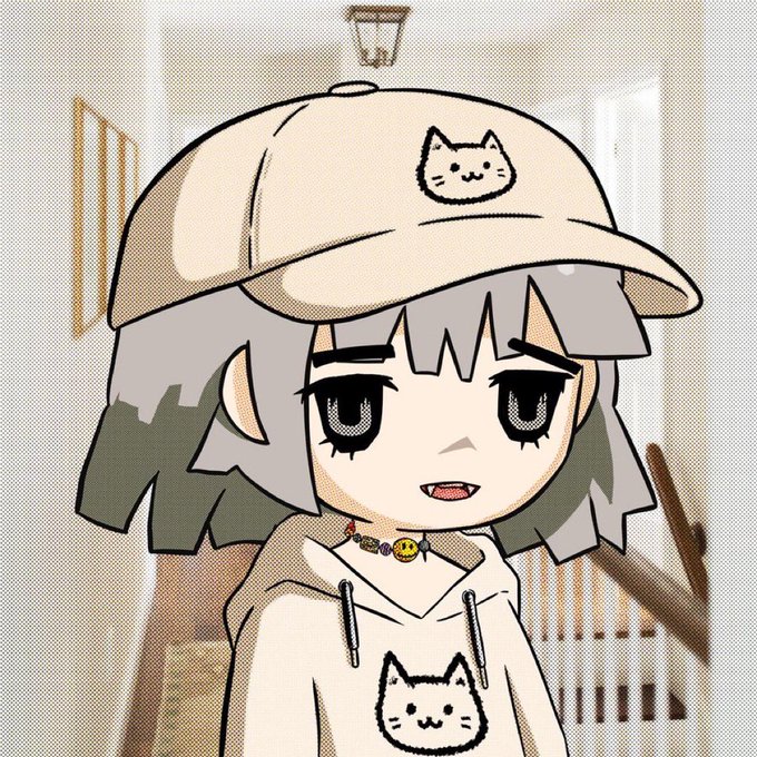 A chibi-style anime character with grey hair wearing a white hoodie and cap, both decorated with simple cat face drawings.