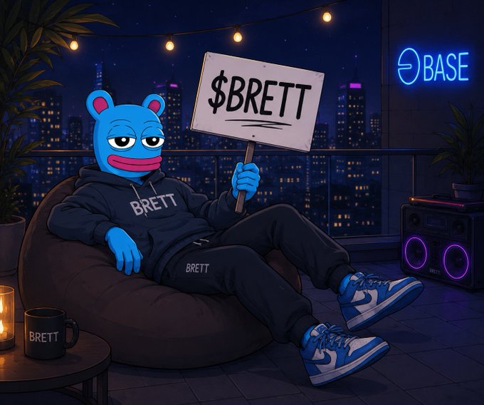 A cartoon blue bear character in a 'BRETT' hoodie holds a sign reading '$BRETT' on a rooftop at night, with a neon 'BASE' logo and city skyline in the background.