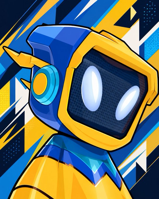 A stylized illustration of a robot character with a blue and yellow helmet featuring large, glowing oval eyes against a dynamic, colorful geometric background.