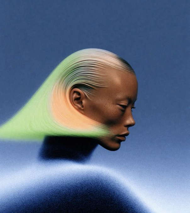 An artistic profile portrait of a woman with flowing multicolored hair (green, yellow, and pink streaks) against a blue background.