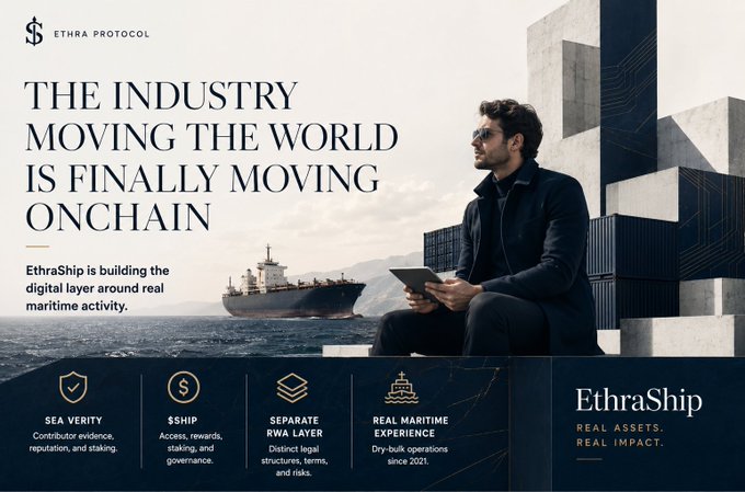 A promotional banner for "EthraShip" by "Ethra Protocol" featuring a man in sunglasses seated among shipping containers with a cargo ship in the background, headlined "THE INDUSTRY MOVING THE WORLD IS FINALLY MOVING ONCHAIN" and highlighting four features: "SEA VERITY," "$SHIP," "SEPARATE RWA LAYER," and "REAL MARITIME EXPERIENCE," with the tagline "REAL ASSETS. REAL IMPACT." The visual ties directly to the post's message by illustrating the maritime shipping industry that EthraShip aims to bring onto the blockchain.