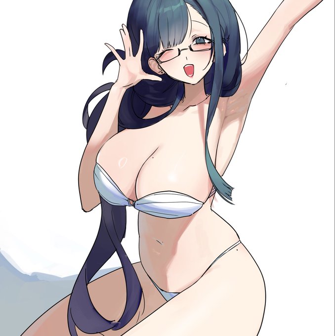 An anime-style woman in a white bikini with glasses poses with her hand raised. The accompanying post "oc" suggests this is original content created by the poster.