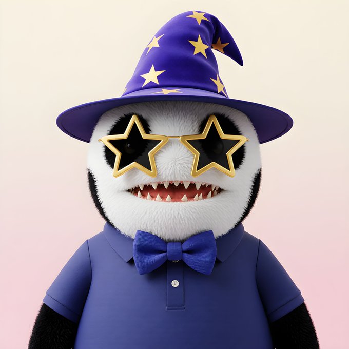 A 3D rendered panda character wearing star-shaped sunglasses, a purple wizard hat with gold stars, a blue bow tie, and a blue polo shirt.