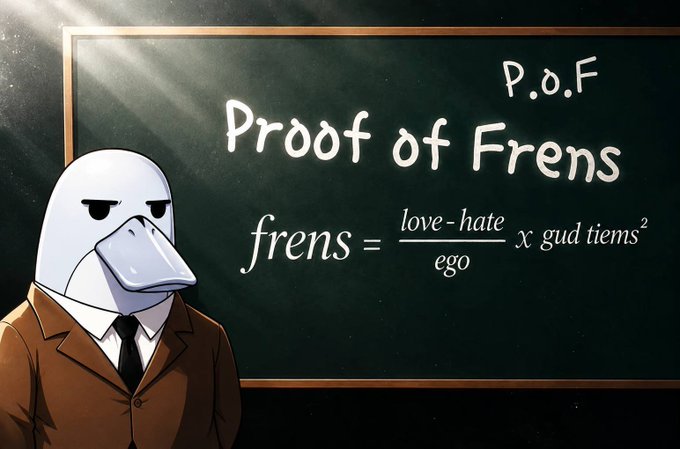 A meme-style illustration shows a platypus in a suit standing before a chalkboard labeled “P.o.F Proof of Frens,” with the equation “frens = (love-hate)/ego x gud tiems².” It appears as a humorous promotional graphic accompanying the post’s alpha list and mentions of Metricxyz, Nulora, tokenized-stock liquidity, 11m TVL, and 1.2b volume.