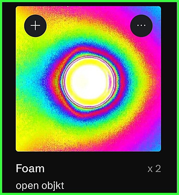 A mobile app interface displaying a vibrant psychedelic image with a glowing white center surrounded by rainbow-colored concentric rings, labeled 'Foam' with 'x 2 open objkt' beneath it.