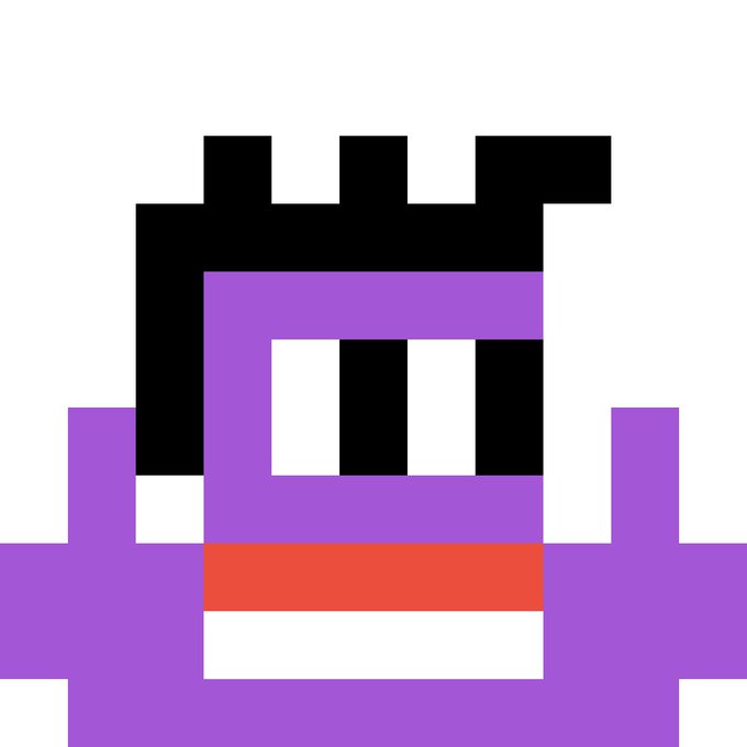 A purple pixel-art character with black crown-like spikes and a red sash, styled as a simple 8-bit figure. The pixelated form references the Ethereum logo, tying into the post celebrating Ethereum's 11th anniversary with a free collectible.