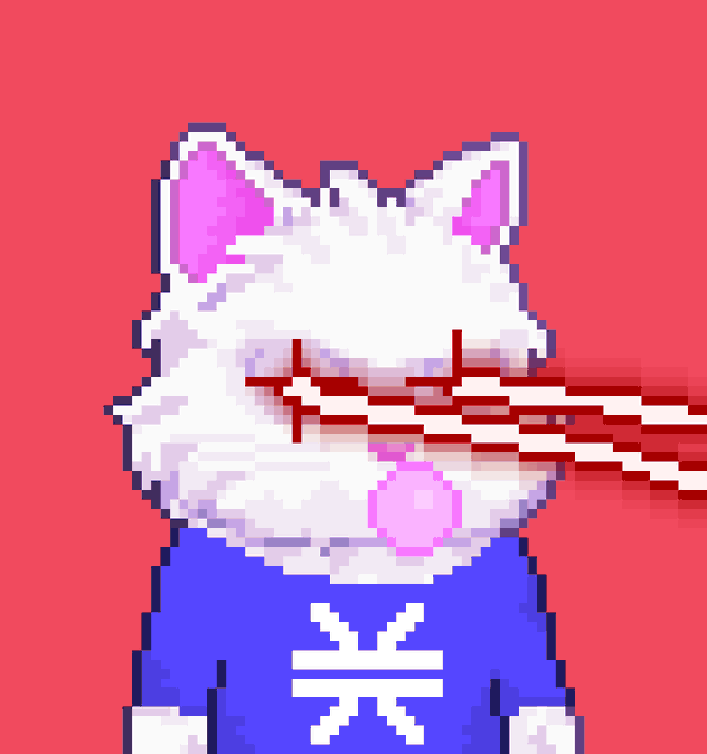 Pixel art of a white cat in a blue shirt with blood shooting from its eyes on a red background.