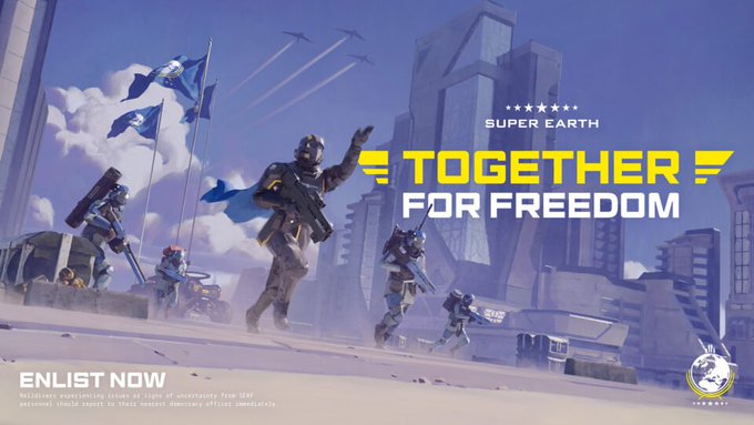 A promotional image for the video game Helldivers 2, showing soldiers in futuristic armor with the text 'SUPER EARTH TOGETHER FOR FREEDOM', 'ENLIST NOW', and a warning about mandatory enlistment.