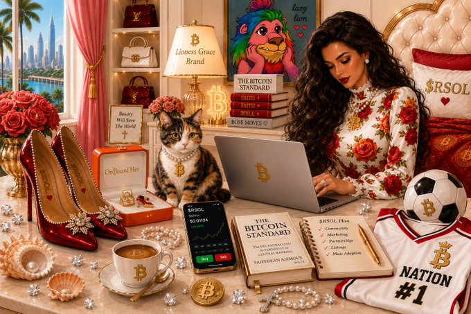 An AI-generated illustration of a woman working on a laptop surrounded by Bitcoin symbols, the text 'LIONESS GRACE BRAND', 'THE BITCOIN STANDARD', and '$RSOL', along with red high heels and a cat.