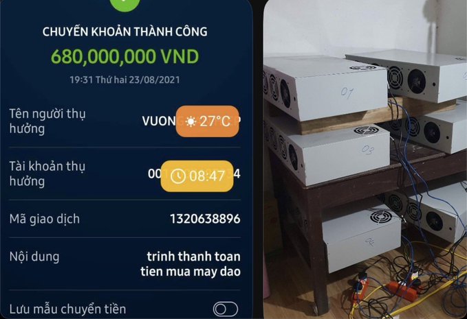 A Vietnamese bank transfer confirmation showing a successful transfer of 680,000,000 VND, alongside a photo of multiple cryptocurrency mining rigs stacked on a wooden table.