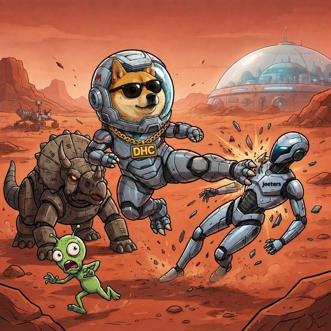 A digital illustration depicting a Shiba Inu dog wearing an astronaut helmet and a 'DHC' gold chain, fighting a robot labeled 'jeeters' alongside a Triceratops-like creature and a green alien on a Mars-like landscape.