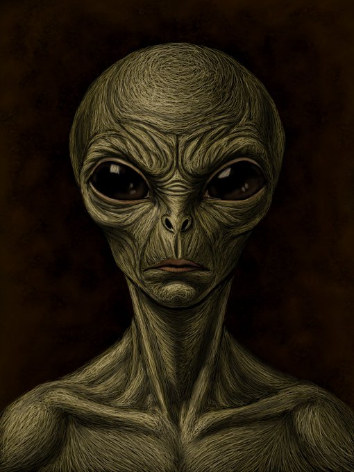 A detailed digital illustration depicts a classic grey alien with large black eyes and deeply wrinkled green skin against a dark brown background.