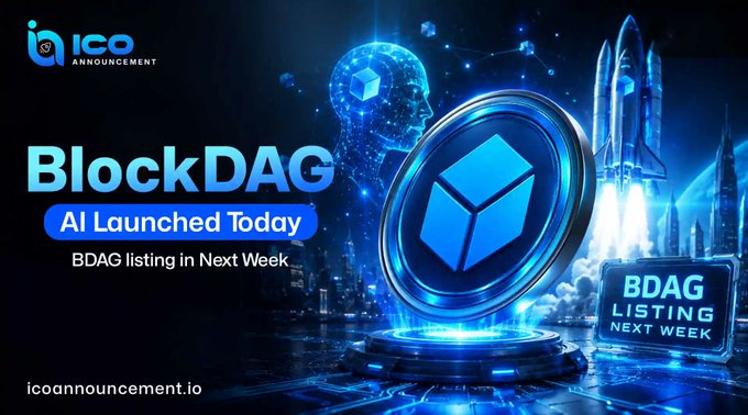 A futuristic blue-toned promotional graphic announces "BlockDAG: AI Launched Today" with "BDAG listing in Next Week," featuring a glowing AI head silhouette, a rocket, and the BDAG coin emblem, visually reinforcing BlockDAG's new AI LLM launch and upcoming exchange listing.