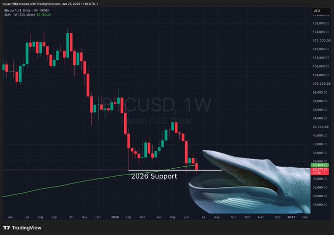 A weekly Bitcoin/USD candlestick chart on TradingView shows BTC testing the $60,000 support level, with a whale illustration pointing to the "2026 Support" zone around $62,459, visually reinforcing the post's claim that large holders ("whales") are defending the $60K level.