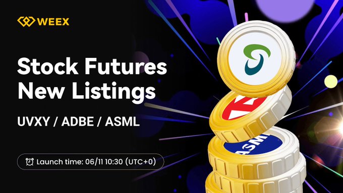 The image features a poster for a stock futures listing event, with three stacks of coins stacked on top of each other. The poster includes text that reads "New Listings" and "We'e excited to announce the futures listings of UVXY, ADBE, ASML". The poster also has a launch time posted at 8:30 PM (10:30) and an event hashtag (#WEEX).