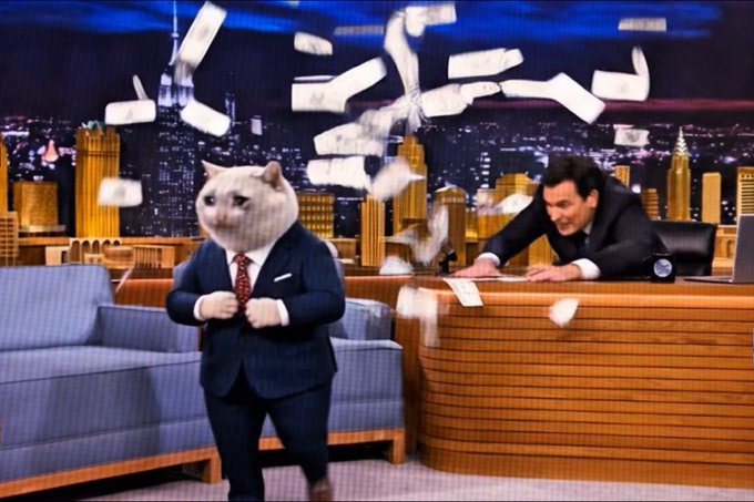 A comedic edited scene on a late-night talk show set features a cat in a suit standing in front of the host's desk while money rains down around them with a city skyline backdrop.