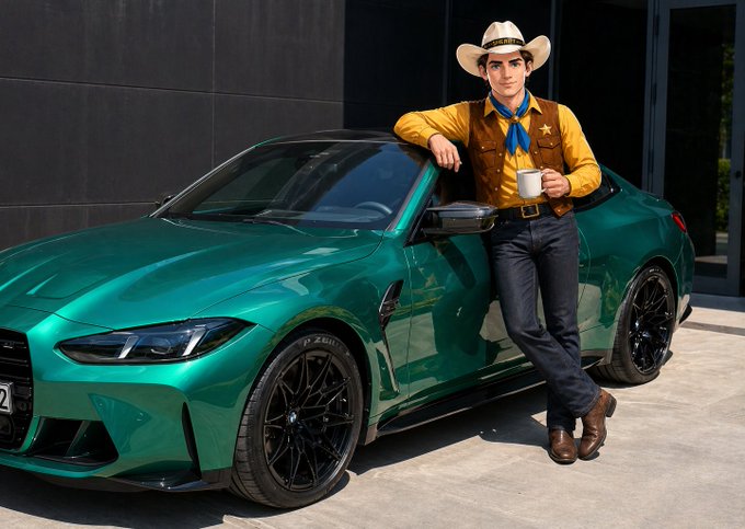 A man dressed as Woody from Toy Story, complete with cowboy hat, yellow shirt, and cowhide vest, leans against a green BMW M4 coupe while holding a white mug.