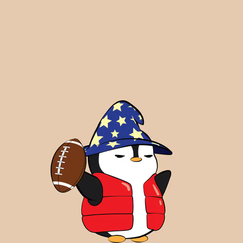 A cartoon penguin wearing a blue wizard hat with yellow stars and a red puffy vest, holding an American football against a beige background.