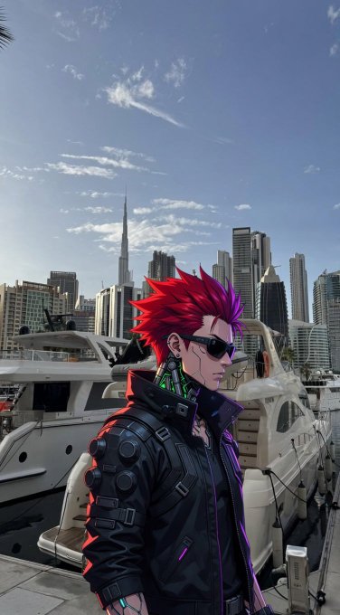 Anime-style character with vibrant pink/red spiky hair, black leather jacket, and sunglasses standing at a Dubai marina with yachts and the Burj Khalifa skyline in the background.