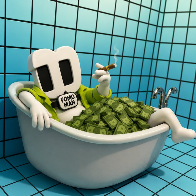 A cartoon figure labeled "FOMO MAN" lounges in a bathtub filled with cash while smoking a cigar, symbolizing the euphoria and reckless behavior associated with FOMO-driven market gains, tied to the post's reference to the widespread signs of $fomo.