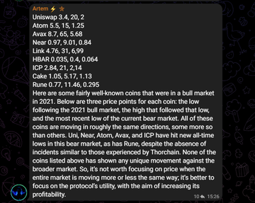 A Telegram-style message about cryptocurrency tokens (Uniswap, Atom, Avax, Near, Link, HBAR, ICP, Cake, Rune) discussing bull market price points from 2021, attributed to Thorchain.
