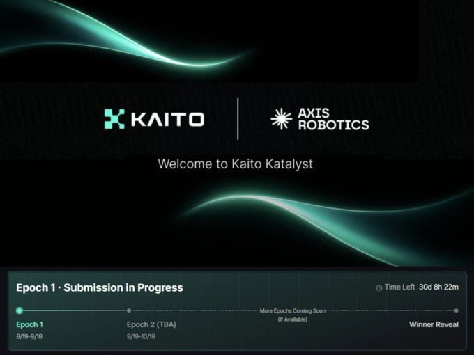 Promotional graphic for 'Kaito Katalyst' featuring logos for KAITO and AXTIS ROBOTICS, with 'Welcome to Kaito Katalyst' text and a timeline showing 'Epoch 1 - Submission in Progress' (8/19-9/18) with 30d 8h 22m time left.