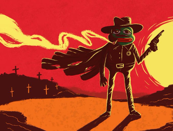 A cartoon Pepe the Frog dressed as a black-clad cowboy stands in a desert at sunset with crosses marking graves behind him, pistol raised and smoke curling from the barrel, visually reinforcing the post's call to "shoot your shot" before the chance is gone.