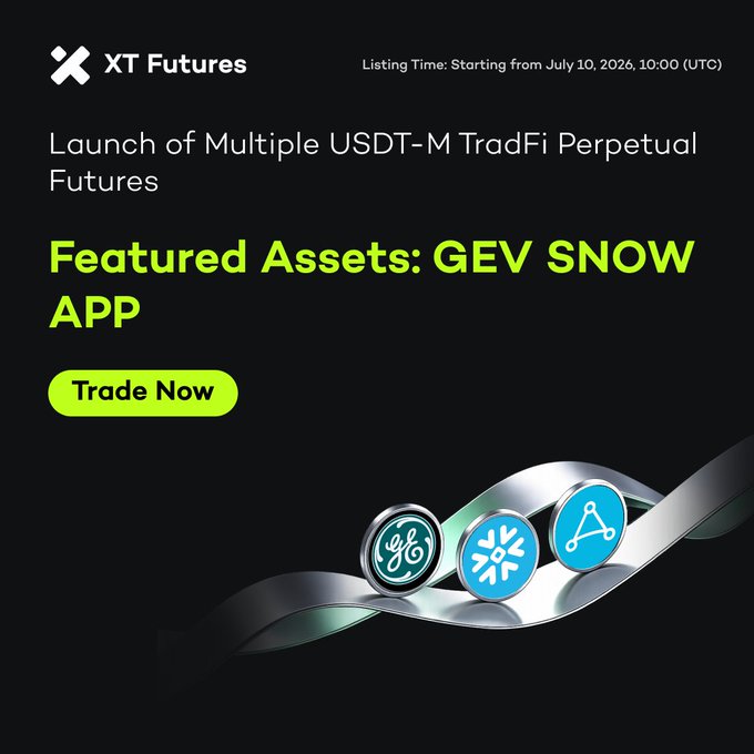 A promotional graphic from XT Futures announcing the launch of multiple USDT-M TradFi Perpetual Futures, with featured assets GEV, SNOW, and APP, set to begin listing on July 10, 2026, at 10:00 (UTC). The ad displays the logos of all three assets alongside a "Trade Now" call-to-action button, directly reinforcing the new listing announcement.