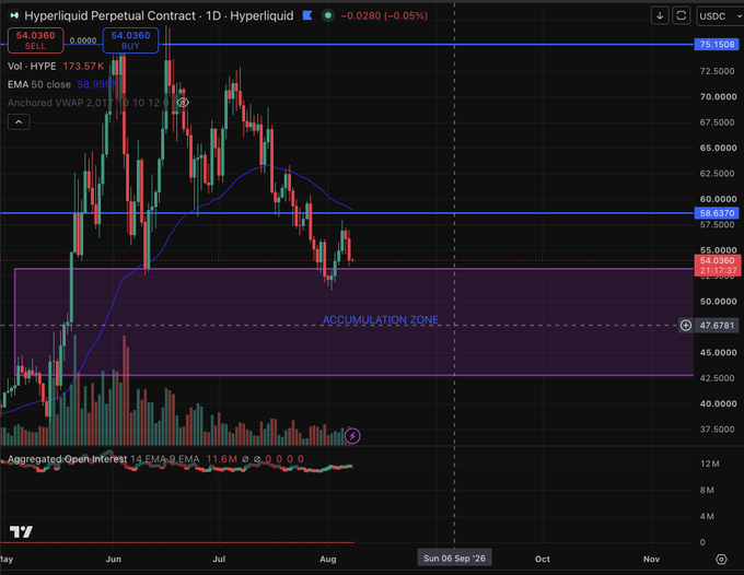 A daily chart of the Hyperliquid (HYPE) perpetual contract showing a price of ~$54.04 after a decline from the $73+ range, with price consolidating within a marked "Accumulation Zone" between roughly $47-55 against the 50 EMA ($58.95) and anchored VWAP. The post's bullish sentiment about "liking this healthy dip" aligns with the chart's appearance of price coiling in this accumulation area, suggesting a potential spot-buying or leverage opportunity as the post author notes.