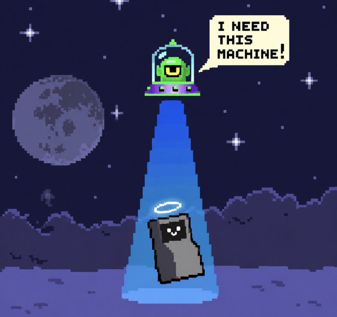 A pixel art illustration of a green UFO alien proclaiming 'I NEED THIS MACHINE!' while beaming up a character with a halo using a blue tractor beam against a starry space background.