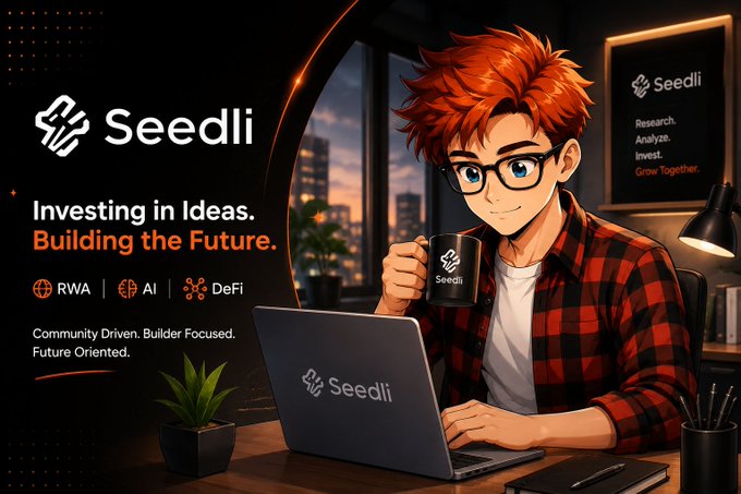 A promotional banner for 'Seedli' with the tagline 'Investing in Ideas. Building the Future.' focused on RWA, AI, and DeFi, featuring an illustrated character with red hair holding a Seedli mug.