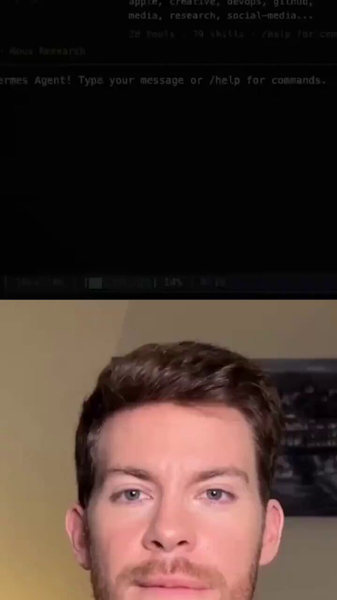 The image shows a man's face with his head turned towards the camera, looking at the camera directly. The background of the image features a computer screen displaying a message or instructions for Hermes Agent. This suggests that the man might be involved in some sort of online activity related to the Hermes Agent software or an application involving the agent.