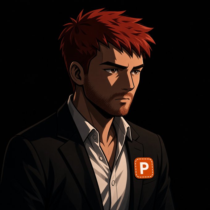An anime-style illustration depicts a serious man with red hair and a beard, wearing a black suit and white shirt, with an orange 'P' logo badge on his lapel.
