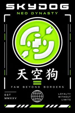 This image is a promotional graphic for the "SKYDOG Neo Dynasty" collection, featuring a bold green and black design with a central circular emblem containing geometric shapes, accompanied by the Chinese characters "天空狗" (meaning "Sky Dog"), the tagline "FAM BEYOND BORDERS," and the date "EST MMXXV" (2025).