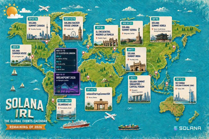 A world map promotional graphic for 'Solana IRL: The Global Events Calendar - Remaining of 2026,' displaying event dates, locations, and venues for various Solana summits, hacker houses, and conferences worldwide.